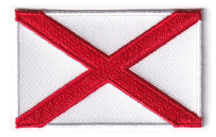 Alabama flag patch, 6.5 x 4 cm size, red X on white background.