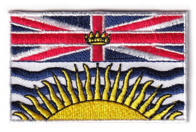 British Columbia flag patch, 6.5 x 4 cm embroidered design.