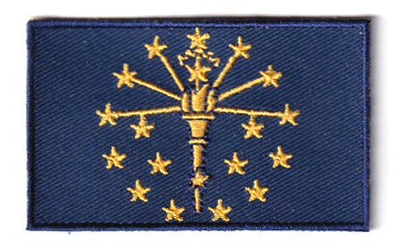 Indiana flag patch, 6.5 x 4 cm, featuring yellow torch and stars on blue background.