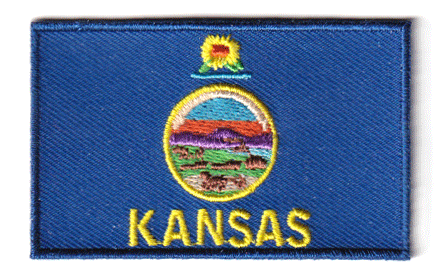 Kansas flag patch measuring 6.5 x 4 cm.