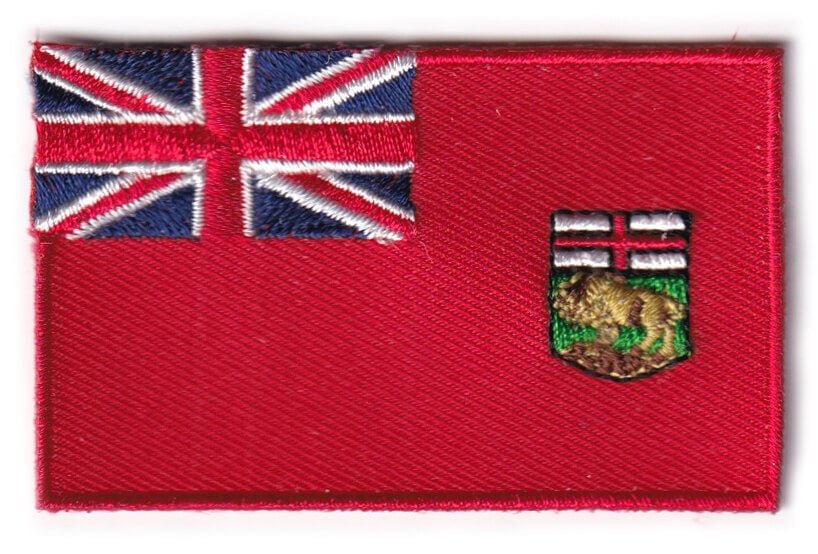 Manitoba flag patch, 6.5 x 4 cm, featuring red background with Union Jack and provincial crest.