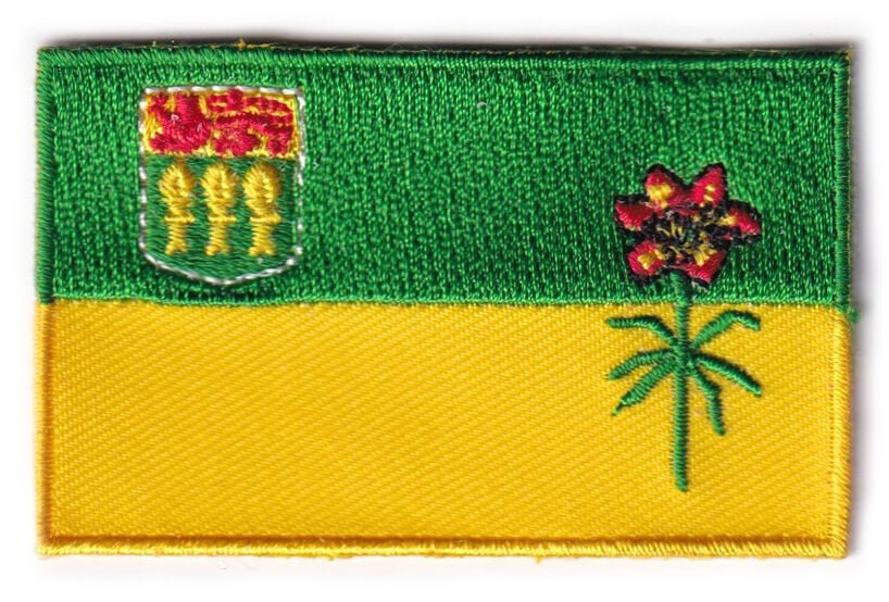 Saskatchewan flag patch, 6.5 x 4 cm, featuring provincial colors and symbols.