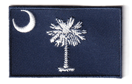 South Carolina flag patch with palm tree and crescent design, 6.5 x 4 cm size.