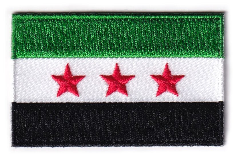 Syria flag patch with green, white, black stripes and red stars, 6.5 x 4 cm.