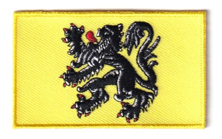 Vlaanderen patch, size 6.5 x 4 cm, featuring a black lion on a yellow background.