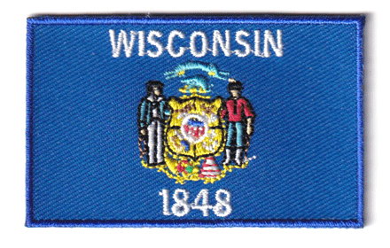 Wisconsin flag patch, 6.5 x 4 cm, embroidered design.