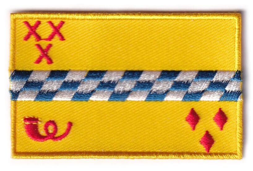 Woerden flag patch, 6.5 x 4 cm, embroidered design with yellow background and checkered stripe.