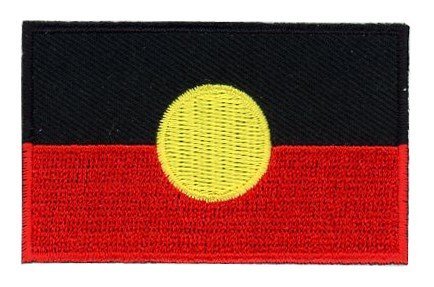 Aboriginal flag patch with black, red, and yellow design, 6.5 x 4 cm.