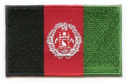 Afghanistan flag patch with black, red, green stripes and central emblem.