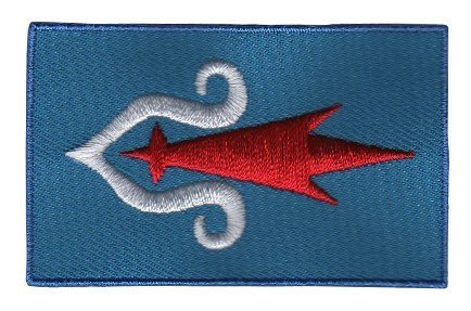 Ainu flag patch featuring cerulean blue, white, and red aconite arrow design, size 6.5 x 4 cm.