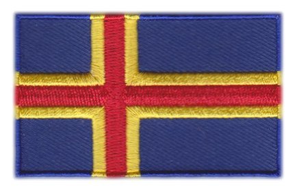 Åland flag patch with red cross on blue and yellow background, size 6.5 x 4 cm.