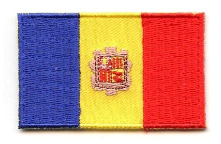 Andorra flag patch with blue, yellow, and red vertical bars and coat of arms in the center.