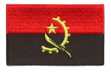 Angola flag patch featuring red and black halves with a yellow emblem of a cogwheel, machete, and star.