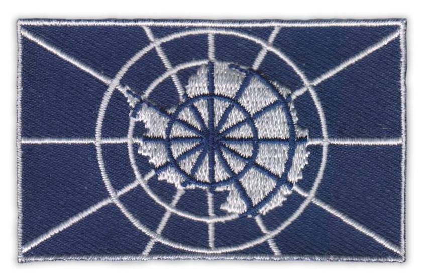 Antarctica Treaty flag patch, blue and white design, size 6.5 x 4 cm.