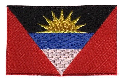 Antigua and Barbuda flag patch, 6.5 x 4 cm, featuring red, blue, black, and white design with a yellow sun symbol.