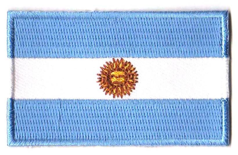Argentina flag patch with blue, white stripes and Sun of May emblem, 6.5 x 4 cm.