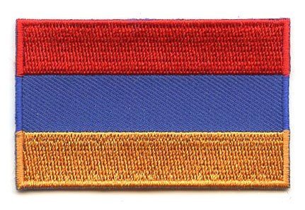 Armenia flag patch with red, blue, and orange horizontal stripes, size 6.5 x 4 cm.
