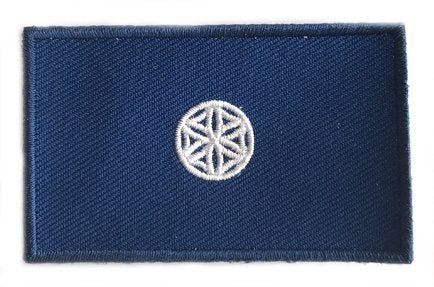 Asgardia flag patch with central white symbol on blue background, size 6.5 x 4 cm.