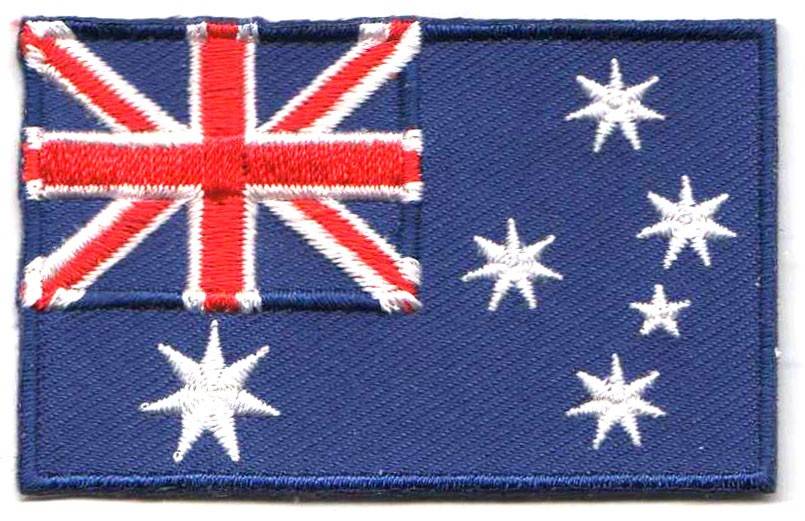 Australia flag patch with Union Jack, Southern Cross, and seven-pointed stars, size 6.5 x 4 cm.