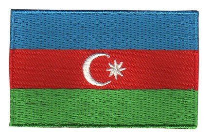 Azerbaijan flag patch with blue, red, and green tricolour, featuring a white crescent and eight-pointed star, size 6.5 x 4 cm.