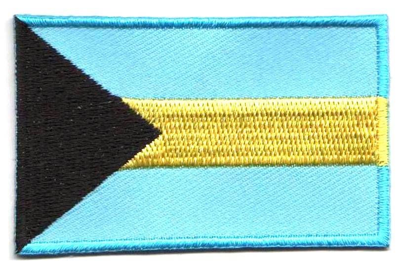 Bahamas flag patch featuring aqua blue and yellow stripes with black triangle.