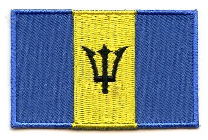 Barbados flag patch with blue and yellow stripes and black trident, 6.5 x 4 cm.