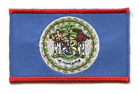 Belize flag patch with blue base, red stripes, white circle, and coat of arms.
