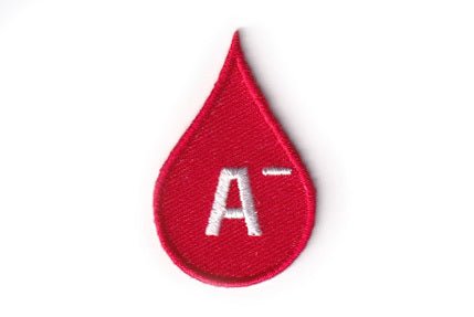 Blood Type A negative (A-) patch, red droplet shape, 2 x 4.5 cm.