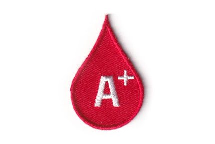 Blood Type A positive (A+) patch, red teardrop shape, 2 x 4.5 cm.