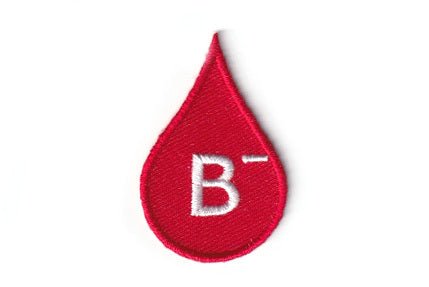 Blood Type B negative (B-) patch, red teardrop design, 2 x 4.5 cm.
