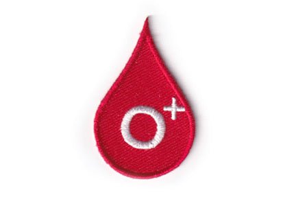 Blood Type O positive patch, red droplet design, size 2 x 4.5 cm.