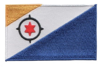 Bonaire flag patch with blue and yellow triangles, white strip featuring a black compass and red star.