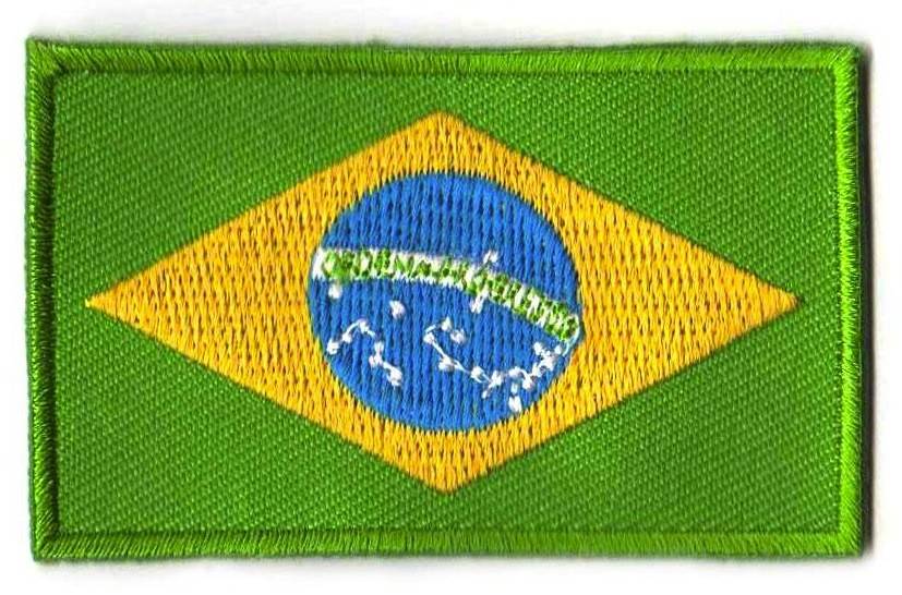 Brazil flag patch with green base, yellow diamond, blue circle, and white stars representing Brazilian states, size 6.5 x 4 cm.