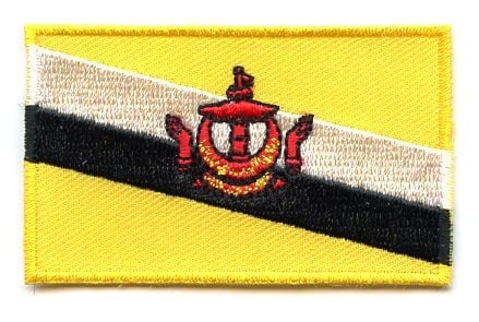 Brunei flag patch with red coat of arms on yellow, black, and white stripes.