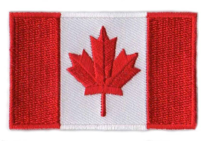 Canada flag patch with red maple leaf on white stripe between red stripes, size 6.5 x 4 cm.