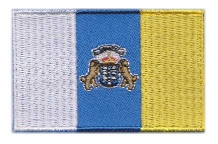 Canary Islands flag patch with coat of arms, white, blue, and yellow tricolour design, size 6.5 x 4 cm.