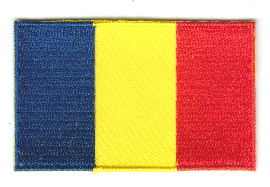 Chad flag patch with blue, yellow, and red vertical stripes.