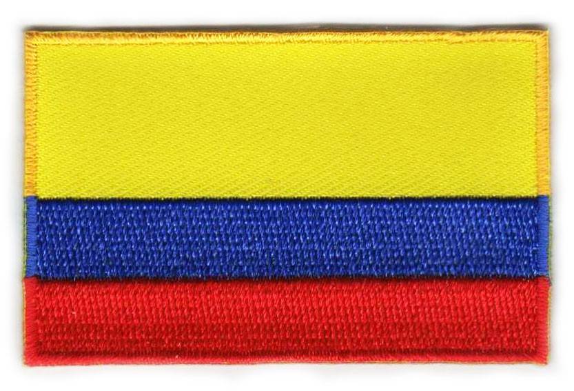 Colombian flag patch with yellow, blue, and red stripes, size 6.5 x 4 cm.