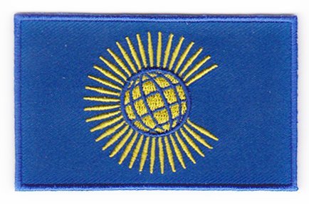 Commonwealth flag patch featuring gold symbol on blue background, size 6.5 x 4 cm.