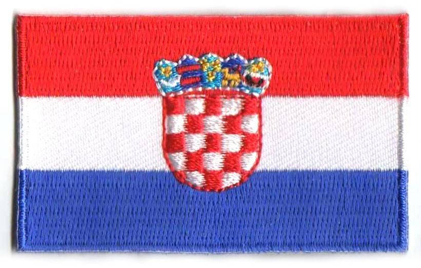 Croatia flag patch featuring red, white, blue stripes and Croatian coat of arms with checkerboard design, size 6.5 x 4 cm.
