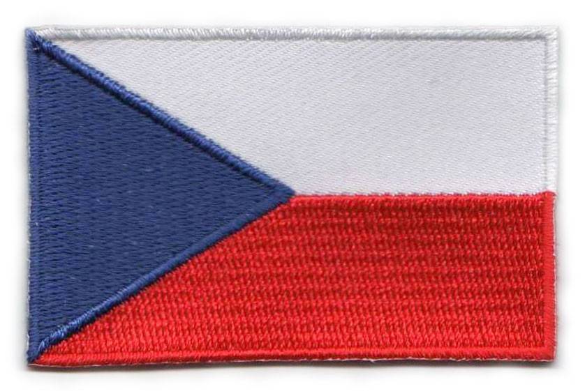 Czech Republic flag patch with blue triangle and red and white halves, size 6.5 x 4 cm.