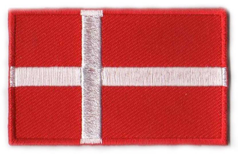 Denmark flag patch with red base and white cross, 6.5 x 4 cm.