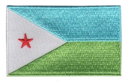 Djibouti flag patch with blue and green stripes, white triangle, and red star, 6.5 x 4 cm.