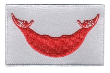 Embroidered Easter Island flag patch with red reimiro on white background, size 6.5 x 4 cm.