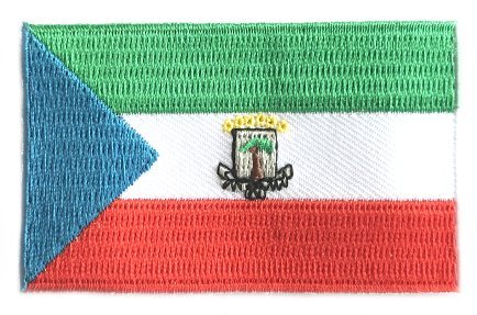 Equatorial Guinea flag patch with green, white, and red horizontal stripes, blue triangle, and central coat of arms; size 6.5 x 4 cm.
