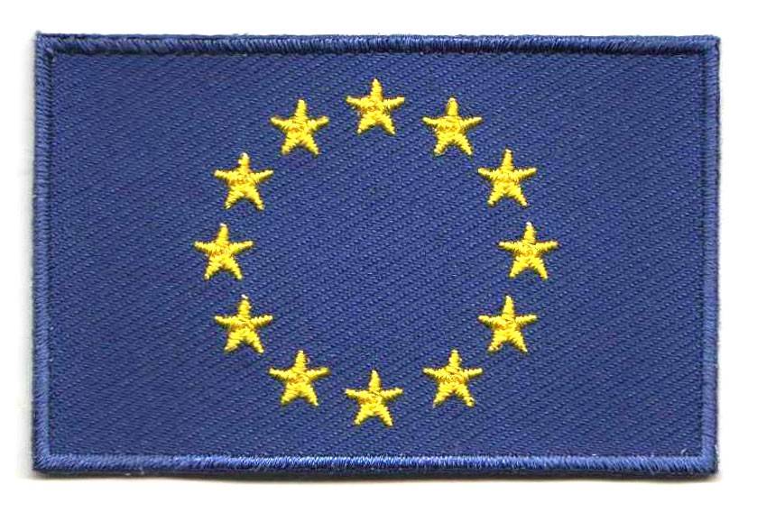 Europe flag patch with twelve gold stars on blue background, 6.5 x 4 cm.