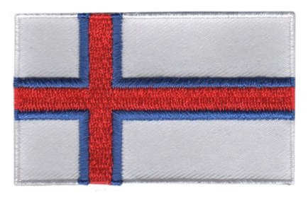 Faroe Islands flag patch with red cross on white base outlined in blue.