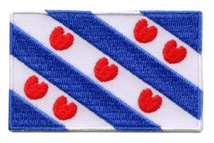 Fryslân flag patch featuring blue and white diagonal stripes with red pompeblêden, 6.5 x 4 cm.