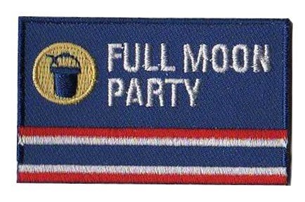 Full Moon Party flag patch, size 6.5x4 cm, blue with logo.