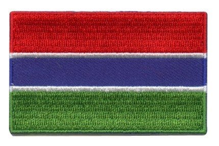 Gambia flag patch with red, blue, green, and white horizontal stripes, size 6.5 x 4 cm.